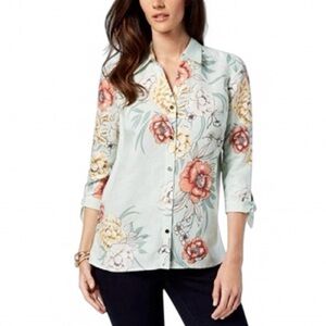 JM Collection Tropical Floral Linen Blend Button Down Size Large Tie Sleeve Mint